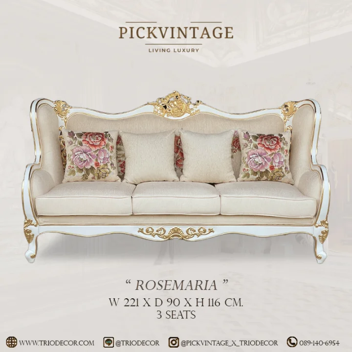 ROSEMARIA CLASSIC ROYAL SOFA SET : ชุดโซฟาหลุยส์ 3ชิ้น (3+2+1ที่นั่ง) พร้อมหมอนอิงและโต๊ะกลางสุดหรู รุ่น โรสมาเรีย