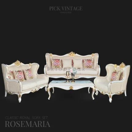 ชุดโซฟาหลุยส์ 4ชิ้น พร้อมหมอนอิงและโต๊ะกลางสุดหรู รุ่น โรสมาเรีย 02 ROSEMARIA CLASSIC ROYAL SOFA SET : ชุดโซฟาหลุยส์ 3ชิ้น (3+2+1ที่นั่ง) พร้อมหมอนอิงและโต๊ะกลางสุดหรู รุ่น โรสมาเรีย