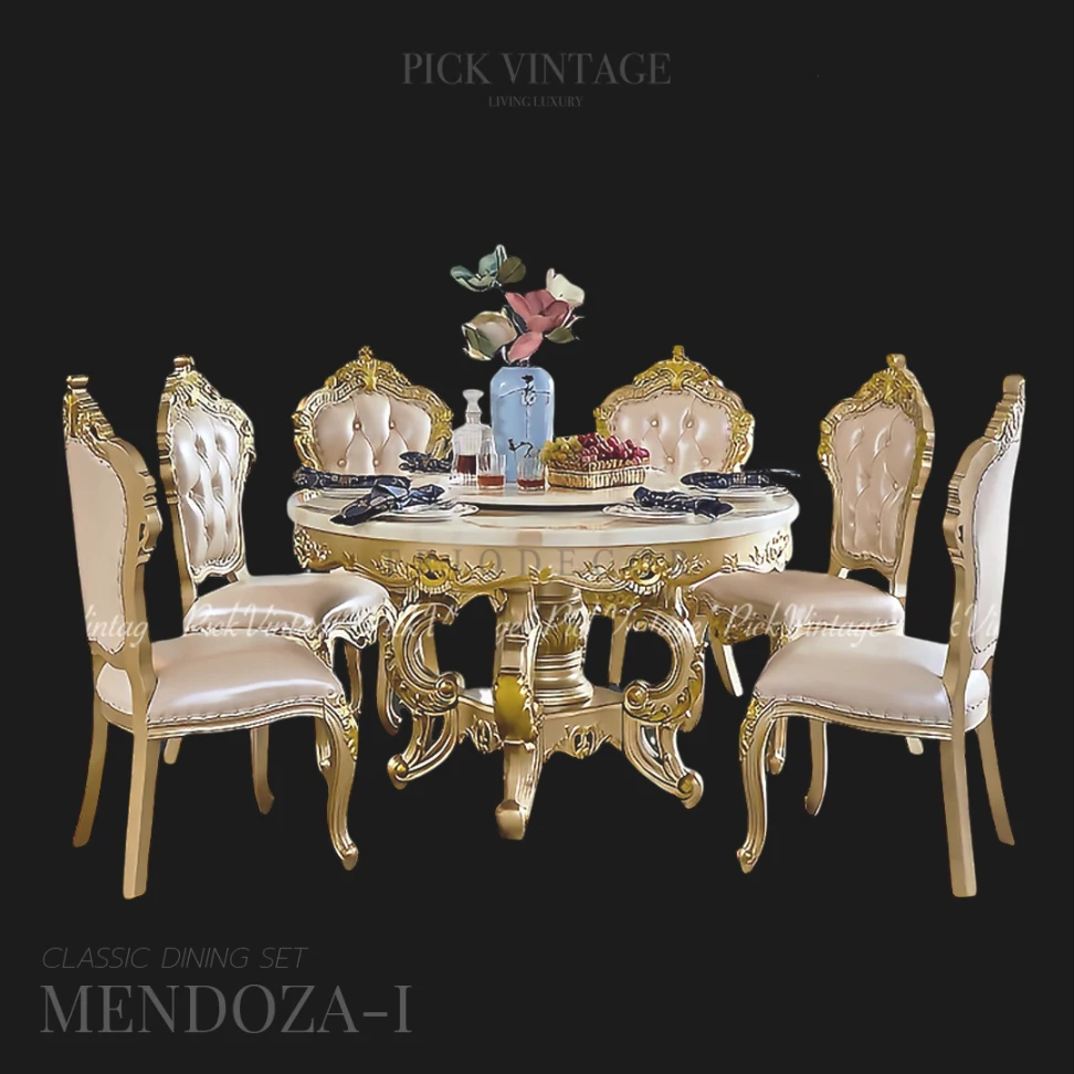 MENDOZA-I CLASSIC DINING SET ชุดโต๊ะอาหารกลม สไตล์หลุยส์ 6ที่นั่ง สีทองเชมเปญ 130ซม รุ่น เม็นโดซ่า-1