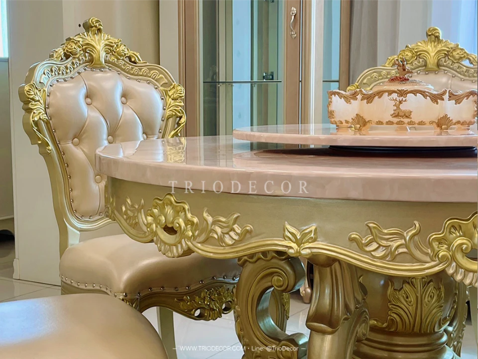 MENDOZA-I CLASSIC DINING SET ชุดโต๊ะอาหารกลม สไตล์หลุยส์ 6ที่นั่ง สีทองเชมเปญ 130ซม รุ่น เม็นโดซ่า-1