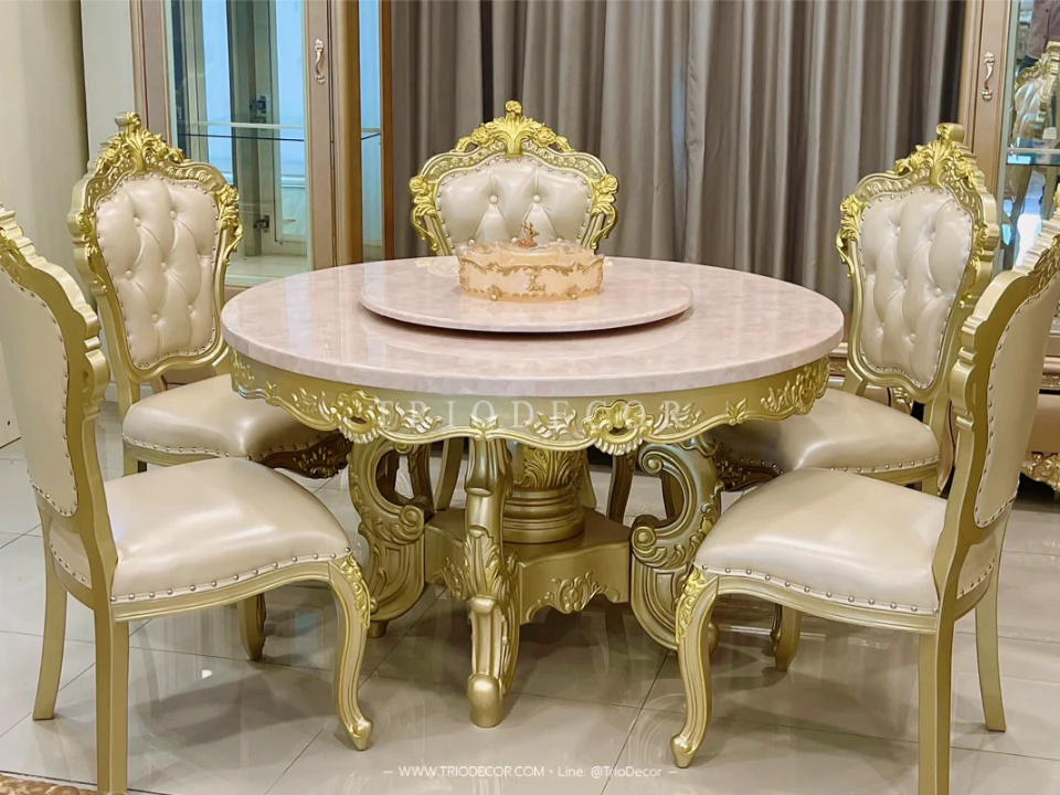 MENDOZA-I CLASSIC DINING SET ชุดโต๊ะอาหารกลม สไตล์หลุยส์ 6ที่นั่ง สีทองเชมเปญ 130ซม รุ่น เม็นโดซ่า-1