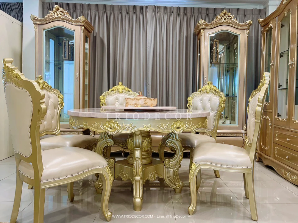 MENDOZA-I CLASSIC DINING SET ชุดโต๊ะอาหารกลม สไตล์หลุยส์ 6ที่นั่ง สีทองเชมเปญ 130ซม รุ่น เม็นโดซ่า-1