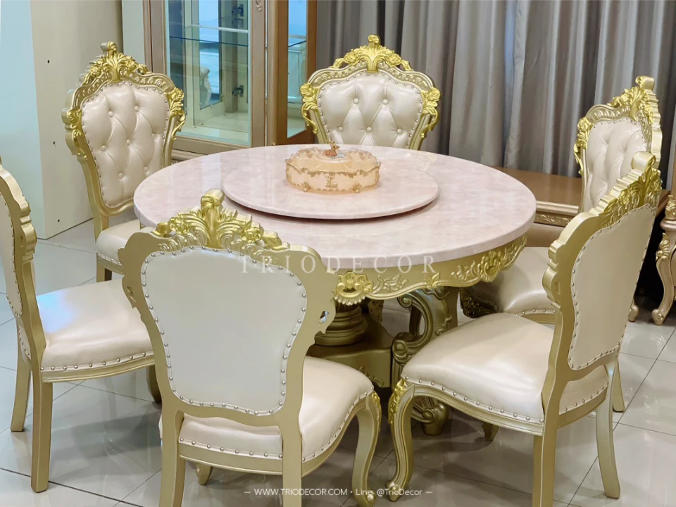 MENDOZA-I CLASSIC DINING SET ชุดโต๊ะอาหารกลม สไตล์หลุยส์ 6ที่นั่ง สีทองเชมเปญ 130ซม รุ่น เม็นโดซ่า-1