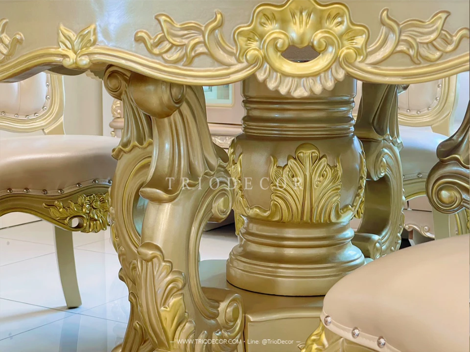 MENDOZA-I CLASSIC DINING SET ชุดโต๊ะอาหารกลม สไตล์หลุยส์ 6ที่นั่ง สีทองเชมเปญ 130ซม รุ่น เม็นโดซ่า-1