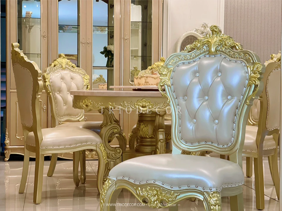 MENDOZA-I CLASSIC DINING SET ชุดโต๊ะอาหารกลม สไตล์หลุยส์ 6ที่นั่ง สีทองเชมเปญ 130ซม รุ่น เม็นโดซ่า-1