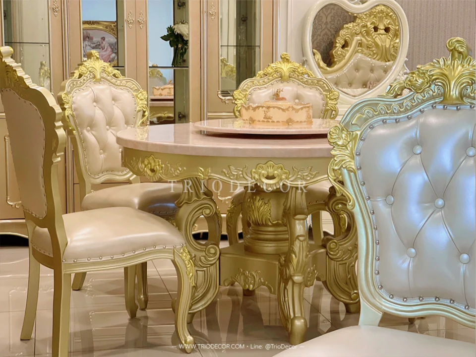 MENDOZA-I CLASSIC DINING SET ชุดโต๊ะอาหารกลม สไตล์หลุยส์ 6ที่นั่ง สีทองเชมเปญ 130ซม รุ่น เม็นโดซ่า-1