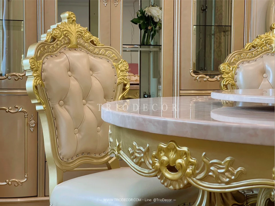 MENDOZA-I CLASSIC DINING SET ชุดโต๊ะอาหารกลม สไตล์หลุยส์ 6ที่นั่ง สีทองเชมเปญ 130ซม รุ่น เม็นโดซ่า-1
