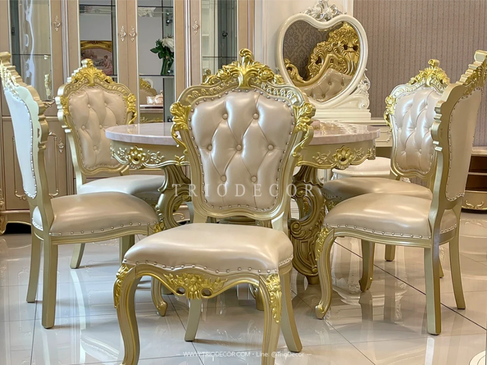 MENDOZA-I CLASSIC DINING SET ชุดโต๊ะอาหารกลม สไตล์หลุยส์ 6ที่นั่ง สีทองเชมเปญ 130ซม รุ่น เม็นโดซ่า-1
