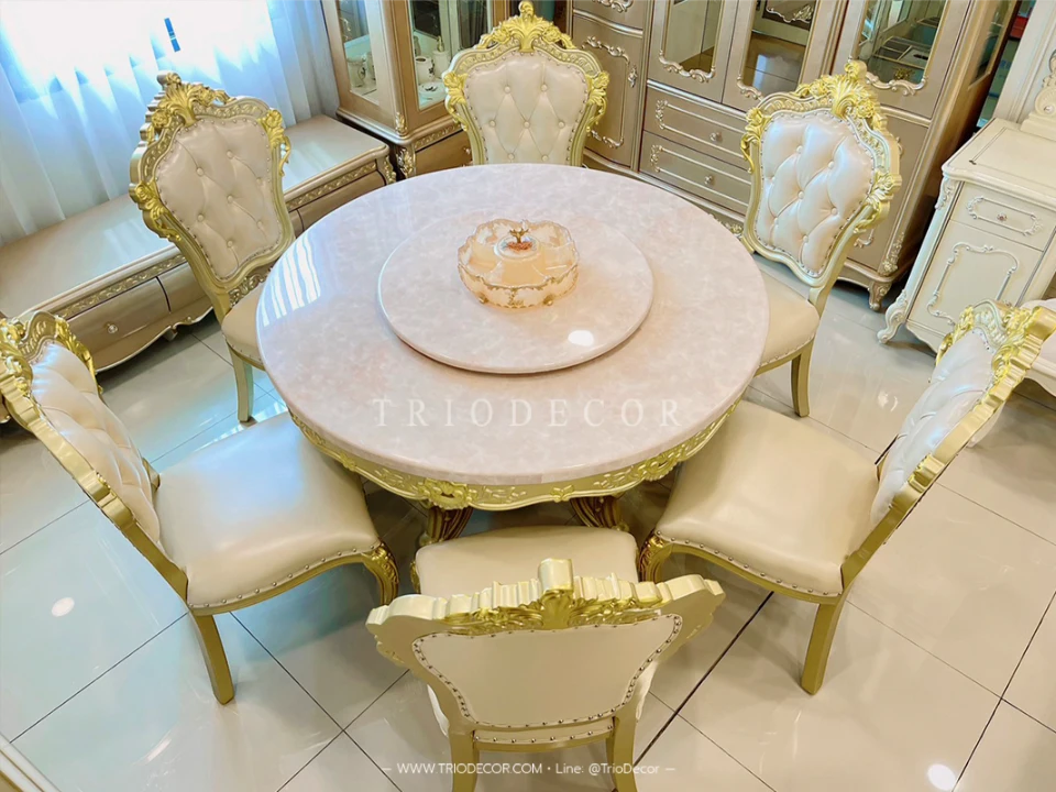 MENDOZA-I CLASSIC DINING SET ชุดโต๊ะอาหารกลม สไตล์หลุยส์ 6ที่นั่ง สีทองเชมเปญ 130ซม รุ่น เม็นโดซ่า-1