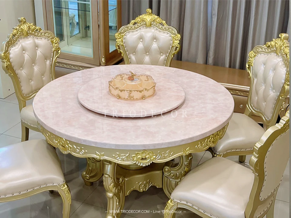 MENDOZA-I CLASSIC DINING SET ชุดโต๊ะอาหารกลม สไตล์หลุยส์ 6ที่นั่ง สีทองเชมเปญ 130ซม รุ่น เม็นโดซ่า-1