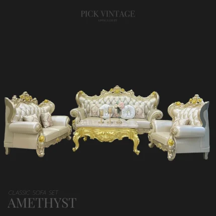 AMETHYST BAROQUE SOFA SET : ชุดโซฟาหลุยส์ 3ชิ้น (3+2+1ที่นั่ง) พร้อมหมอนอิงและโต๊ะกลางสุดหรู รุ่น "อาเมทิสต์" สีทอง
