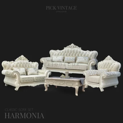 HARMONIA CLASSIC SOFA SET 02 HARMONIA CLASSIC SOFA SET : ชุดโซฟาหลุยส์ 3ชิ้น (3+2+1ที่นั่ง) พร้อมหมอนอิงและโต๊ะกลางสุดหรู รุ่น "ฮาร์โมเนีย" สีขาว