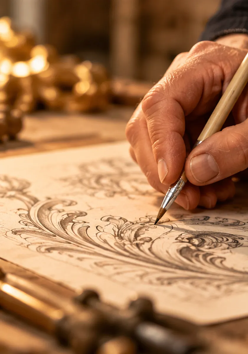 Artisan sketching ornate European classic furniture designs for PickVintage