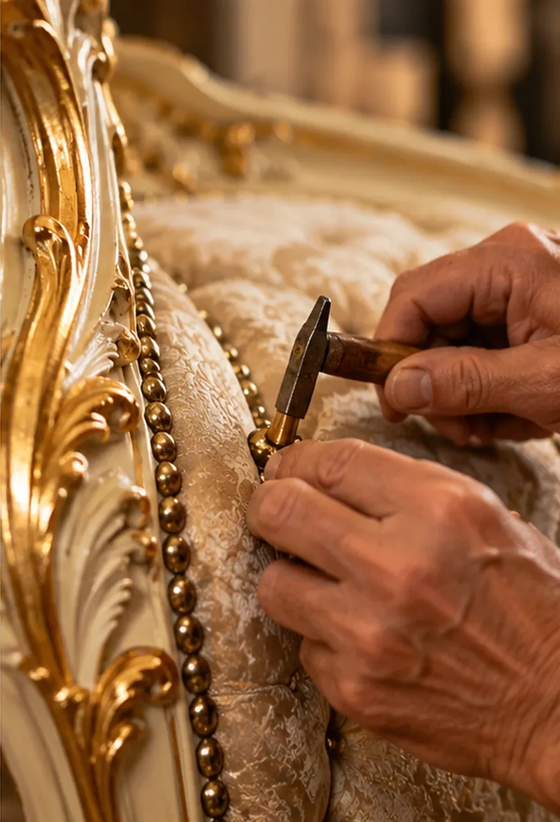 Artisan finishing cream patterned upholstery with decorative brass studs on a gold classic sofa