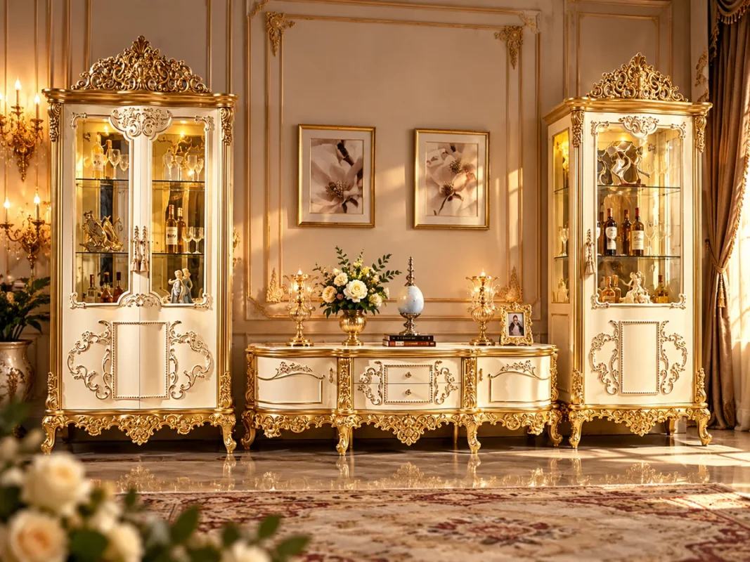 Grand Casa Premo ชุดตู้โชว์และตู้วางทีวีสไตล์หลุยส์คลาสสิก สีครีมทอง จาก PickVintage