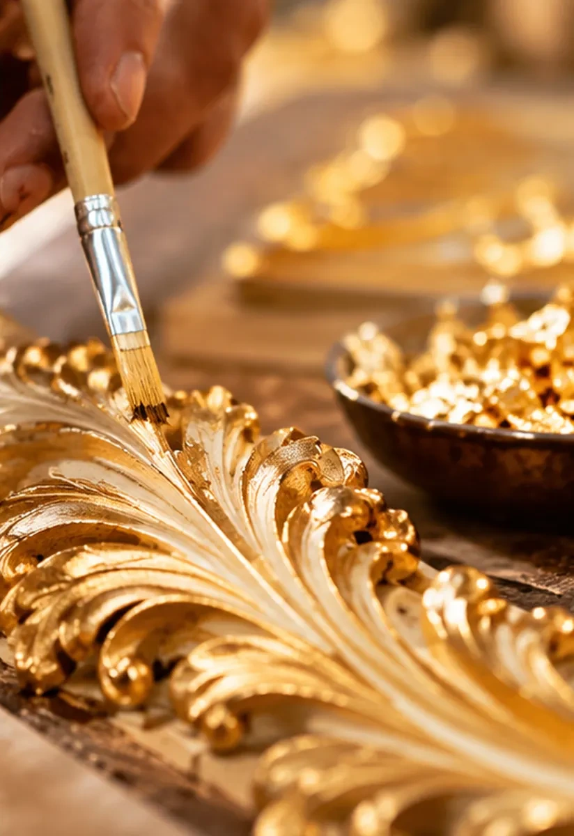 Artisan applying gold finish to ornate luxury classic furniture detailing by PickVintage